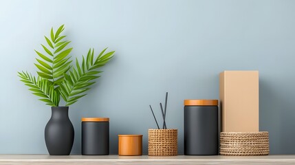Poster - An assortment of stylized storage containers cardboard boxes wicker baskets and metal canisters displayed on a wooden table