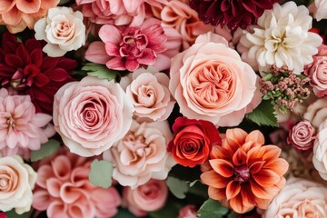Poster - Vibrant display of assorted roses and blossoms in various colors showcasing their intricate petals and lush green leaves, perfect for decoration or gifting