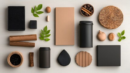 Poster - An assortment of various storage containers including cardboard wicker and metal designs in a range of shapes and sizes displayed in a minimalist flat lay composition on a light wooden surface