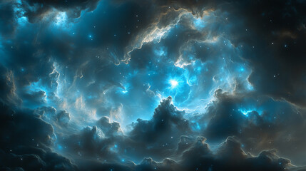 mesmerizing view of glowing nebula in deep space, with swirling clouds and bright stars creating celestial spectacle. vibrant blue hues and intricate patterns evoke sense of wonder and infinity