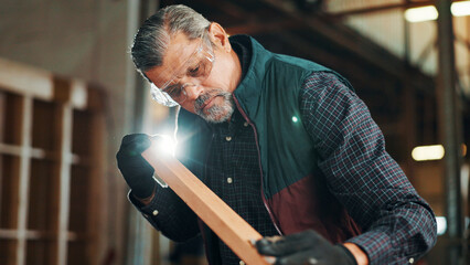 Aufkleber - Carpenter, mature and sanding wood for construction, furniture or renovation project planning. Woodworker, person and plank with tools in creative carpentry workshop for manufacturing, art and craft