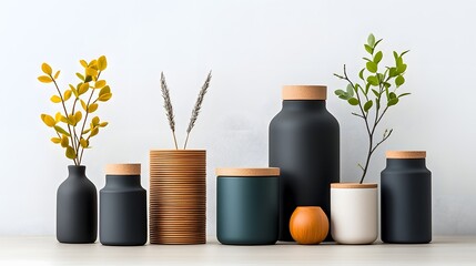 Poster - Artfully arranged collection of stylish storage containers in varied materials and shapes including cardboard wicker and metal displayed on a light wooden tabletop with subtle natural shadows