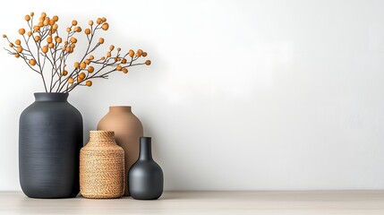Poster - Artfully arranged collection of stylish storage containers in varied materials and shapes including cardboard wicker and metal displayed on a light wooden tabletop with subtle natural shadows