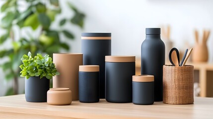 Poster - Artfully arranged collection of stylish storage containers in varied materials and shapes including cardboard wicker and metal