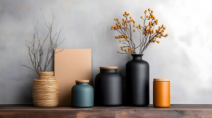 Poster - Artfully arranged still life of diverse storage containers including cardboard wicker and metal textures displayed on a rustic wooden table with a focus on clean organized compositions and soft