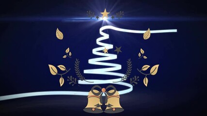 Wall Mural - christmas tree animation with golden bells and leaves on dark blue background