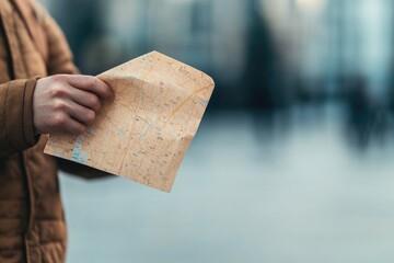 Poster - creative close-up of commuter holding public transit map their surroundings softly blurred composition clean and inviting