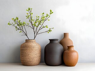 Poster - Assortment of diverse storage boxes and baskets in cardboard wicker and metal materials arranged on a light wooden table