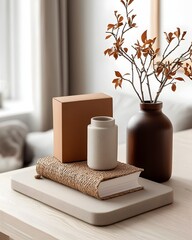 Poster - Assortment of Diverse Storage Solutions Including Cardboard Boxes Wicker Baskets and Metal Tins Neatly Arranged on a Light Wooden Tabletop