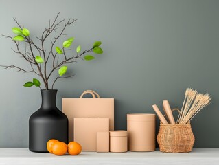 Poster - Assortment of storage boxes baskets and containers made of cardboard wicker and metal displayed on a light wooden table