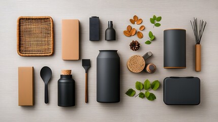 Poster - Assortment of storage containers in various forms and textures including cardboard wicker and metal pieces artfully arranged on a light wooden surface