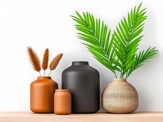 Poster - Assortment of stylish storage boxes and baskets in diverse materials such as cardboard wicker and metal containers arranged on a light wooden table