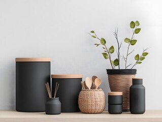 Poster - Assortment of stylish storage boxes baskets and containers made of cardboard wicker and metal displayed on a light wooden table