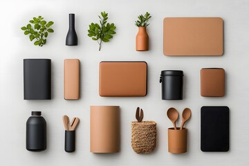 Poster - Assortment of Uniquely Designed Storage Containers in Flat Lay Arrangement on Light Wooden Surface   Cardboard Wicker and Metal Containers with Crisp Photography and Natural Lighting