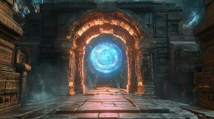 Poster - A magical portal opening in the middle of an ancient temple glowing vortex unknown adventure beyond