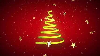 Wall Mural - forming christmas tree shape, green ribbon with stars on red background