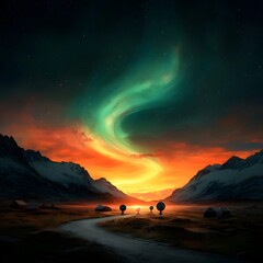 Poster - Captivating digital art depicting a futuristic retrofuturistic landscape with a vibrant shimmering aurora borealis lighting up the night sky set against a backdrop of a mysterious