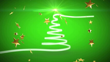 Wall Mural - animation of glowing spiral tree with golden stars on vibrant green background