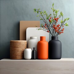 Poster - Carefully curated collection of storage bins baskets and other home decor accents in natural materials like wicker metal and wood neatly displayed on a light toned wooden surface