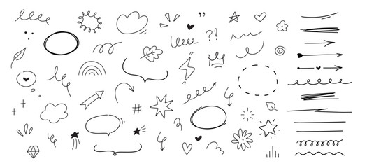 Fototapete - Hand drawn different simple line elements. Doodle sketch style arrows, scribbles, stars, speech bubbles and underlines. Vector grunge element set on white background.
