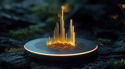 Poster - Abstract Digital Visualization of Sound Waves on a Circular Base Surrounded by Natural Elements in a Mysterious, Atmospheric Setting
