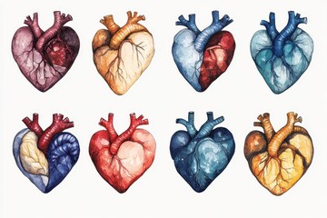 Poster - Detailed anatomical illustration showcasing various heart shapes and textures, highlighting diversity in heart representations by color and form