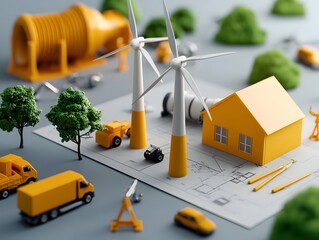 Poster - Detailed 3D blueprint and technical schematics for a sustainable wind energy plant harnessing renewable power  Complex turbine and generator system with precise measurements