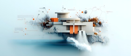 Poster - Detailed 3D blueprint design for a cutting edge hydroelectric power plant harnessing renewable hydropower energy  Cinematic digital painting showcasing the intricate engineering mechanisms