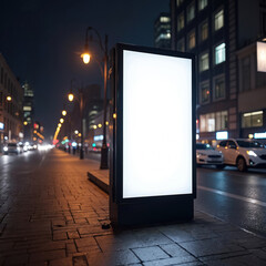 Poster - Blank billboard ad mockup in urban night setting. Advertising space for display branding, product promotion. Empty white panel in city street, night illumination with cars, lights. Commercial