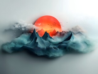 Poster - Dramatic and surreal landscape created from algorithmic weather data featuring a vivid visualization of flowing rainfall over a dynamic