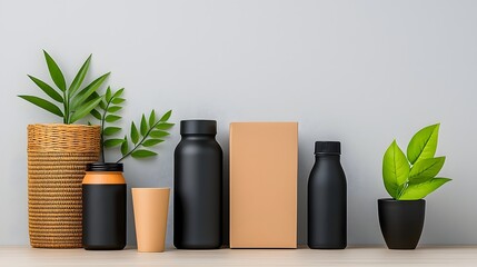 Poster - Elegantly Curated Flat Lay Displaying a Collection of Stylish Storage Containers in Varied Geometric Forms Artfully Arranged on a Light Wooden Surface with Bright Diffused Lighting for a Crisp