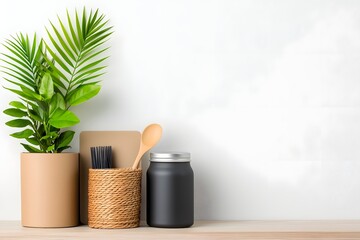 Poster - Elegantly styled wooden tabletop showcasing a variety of storage elements including cardboard crates wicker baskets and metal tins