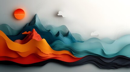 Poster - Evocative abstract landscape artwork depicting fluid dynamic topographical patterns and data visualization of weather statistics and climate data with a vibrant
