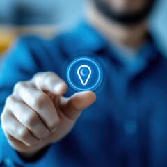 Poster - Location Pointer: A close-up shot of a hand, a person's finger delicately touches a glowing location pointer icon, representing navigation and the concept of finding places.