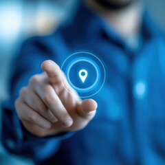 Poster - Navigating the Digital World: A person interacting with a digital interface, pinpointing location, highlighting technology and connectivity, and creating a futuristic visual.