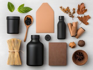 Poster - Flat lay image of an assortment of different sized and shaped storage containers made from natural materials like cardboard wicker and metal