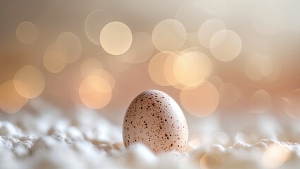 Poster - Speckled egg resting on soft surface with warm bokeh lights creating a serene atmosphere in a close-up setting