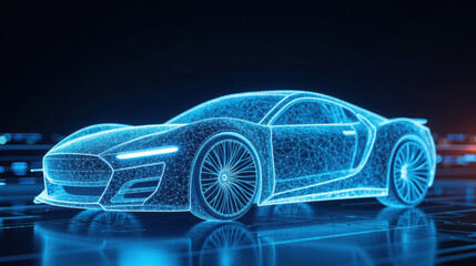 Poster - futuristic car design with glowing wireframe structure, showcasing advanced technology and sleek lines