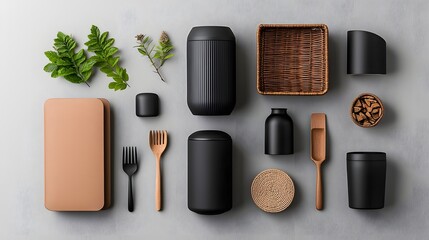 Poster - Flat lay showcasing an array of storage containers cardboard wicker and metal pieces in various shapes and sizes organized and stylish home storage solution minimalist product photography