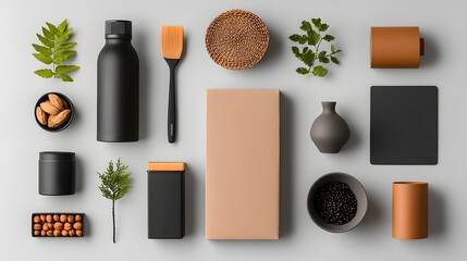 Poster - Flat lay showcasing an array of stylish home storage containers including cardboard wicker and metal pieces in various shapes and sizes organized in a minimalist