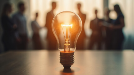 Poster - glowing light bulb symbolizes innovation and creativity, with silhouettes of people in background
