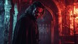 © Ilmi - A vampire with piercing red eyes standing in a gothic castle candlelit ambiance mysterious and eerie mood