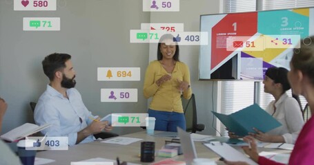 Poster - Discussing social media analytics, diverse team collaborating with animation overlay