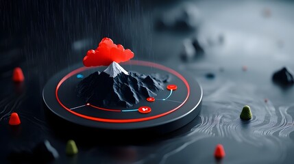 Poster - Hypnotic volcanic landscape with a fluid topographic terrain visualizing real time weather data in a futuristic digital datascape  The image has a cinematic lighting glitch art style and aesthetic