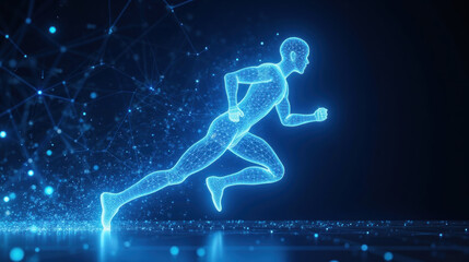 Poster - glowing figure of runner digital environment, showcasing speed and motion. background features network of interconnected lines and dots