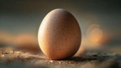 Poster - brown speckled egg resting on a wooden surface with soft lighting creating a serene atmosphere