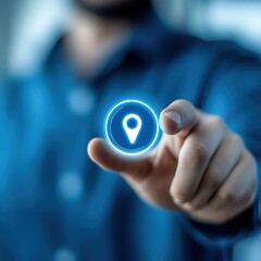 Poster - Navigating the Digital Realm: A person's finger interacts with a digital location pin icon, suggesting connection, mapping, and journey, hinting at the fusion of technology and human interaction.