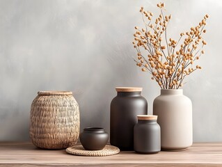 Poster - Meticulously organized storage containers including cardboard woven wicker and sleek metal arranged on a rustic wooden table