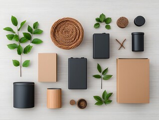 Poster - Minimalist and stylized arrangement of vintage storage containers cardboard boxes wicker baskets and metal tins displayed on a light wooden surface  The image showcases a variety of textures