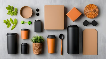 Poster - Minimalist flat lay composition showcasing an assortment of geometric storage containers and materials including cardboard wicker and metal on a clean wooden backdrop with high key illumination